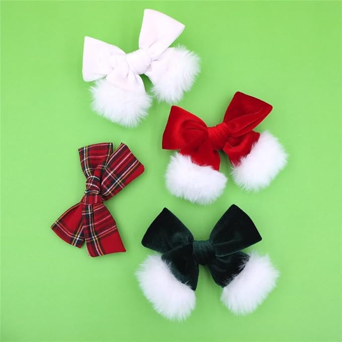 Christmas Velvet Bow Hair Clips and Accessories for Girls and Baby Mom - Xmas Plaid Red Green White Santa Bow (4 Pack)
