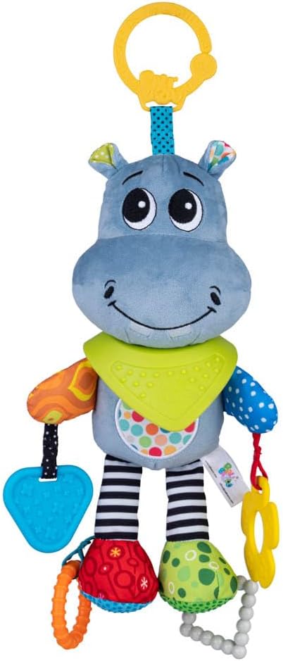 Balibazoo Hippo Hanging Baby Activity Toy – Soft Plush Sensory Toy with 4 BPA-Free Silicone Teethers, Crinkle Ears & Hidden Bell | Clip for Stroller and Car Seat | Developmental Toy 0-24M | Gift