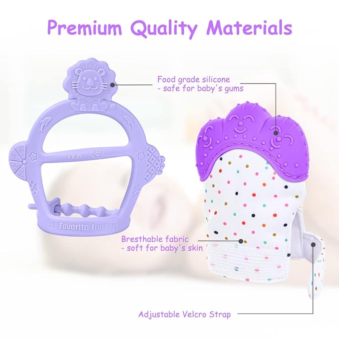 Vicloon Silicone Teething Mitt, 2Pcs Baby Teething Mitten with Adjustable Strap, Crinkle Sound and Textured, Self Soothing Baby Chew Toys for 0-6 Month Infants