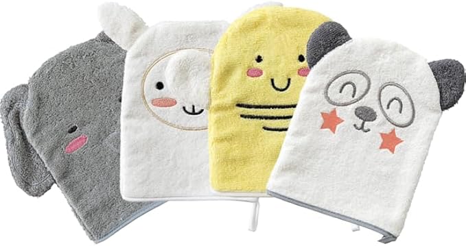 Idea Liftoff™ Baby Wash Cloth Bath Mits (4 Count Assorted), Gray, White, Yellow, Pink