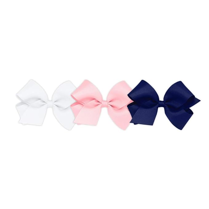 Wee Ones Girls' Medium Bow 3 Pack Set Solid Grosgrain Variety Pack on a WeeStay No-Slip Hair Clip - White, Light Pink, and Light Navy