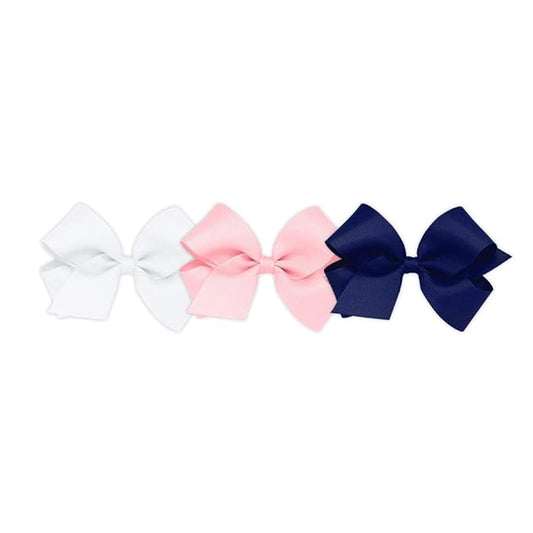 Wee Ones Girls' Medium Bow 3 Pack Set Solid Grosgrain Variety Pack on a WeeStay No-Slip Hair Clip - White, Light Pink, and Light Navy