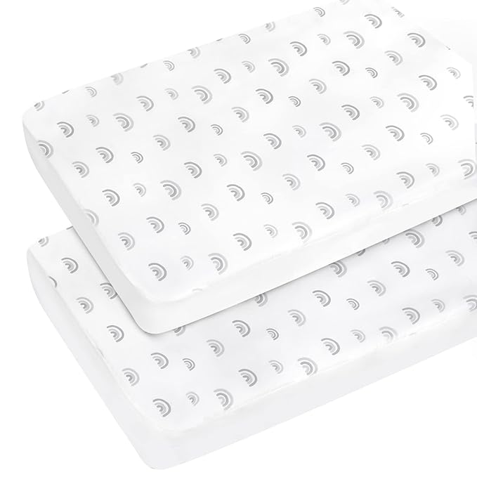 Pack and Play Sheets Boy Girl, 2 Pack Portable Playard Sheet Fits for Graco Pack N Play, Snug Fit Breathable Soft Fitted Playpen Sheet, Mini Crib Sheets, Gray Rainbow