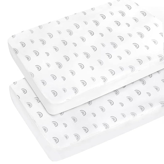 Pack and Play Sheets Boy Girl, 2 Pack Portable Playard Sheet Fits for Graco Pack N Play, Snug Fit Breathable Soft Fitted Playpen Sheet, Mini Crib Sheets, Gray Rainbow