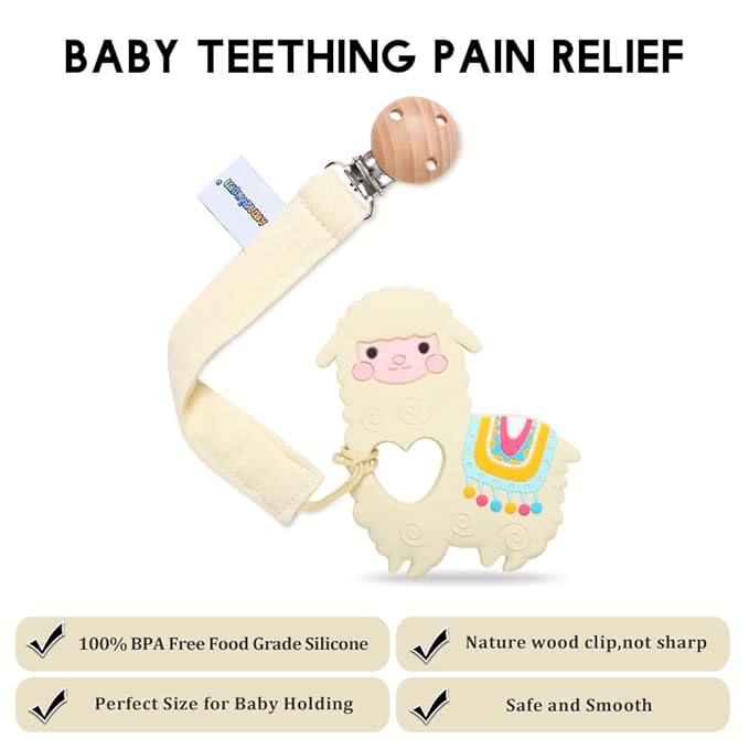 Baby Food Grade Silicone Teether Toy with Pacifier Clip Holder,Teething Pain Relief Toys Gift Set for 3 Months+ Boys and Girls,Freezer Safe,BPA Free (Yellow Llama)