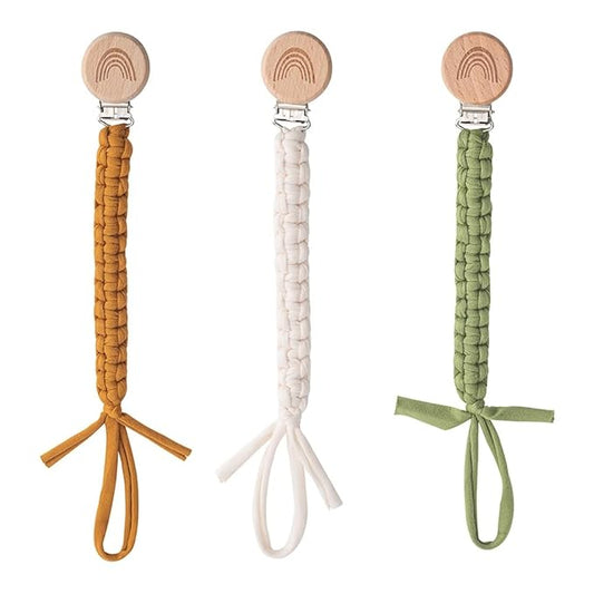 Pacifier Clip for Boys Girls Pacifier Holder Leash Boho Rainbow Wooden Clips Handmade Braided Cotton Unisex Baby Shower Birthday Gift Christmas Gift