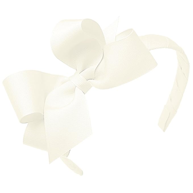 Wee Ones Girls' Classic Grosgrain Hair Bow on a Wrapped Headband, Stylish For All Hair Types, Medium Bow, Antique White