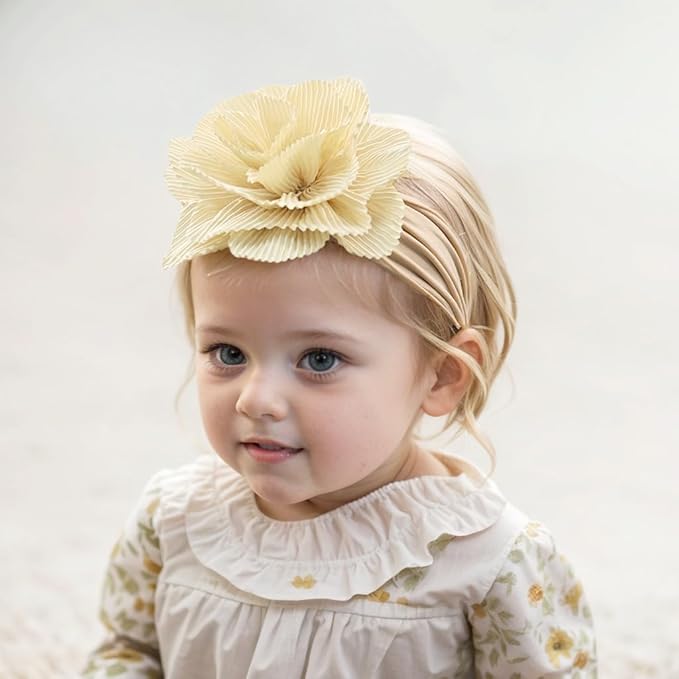 Large Flower Elastic headband for Baby Girl Infant Soft Fabric Chiffon Floral Hairband Toddler Newborn Christening Baptism Hair Accessories (Flower 1 - khaki, Elastic)