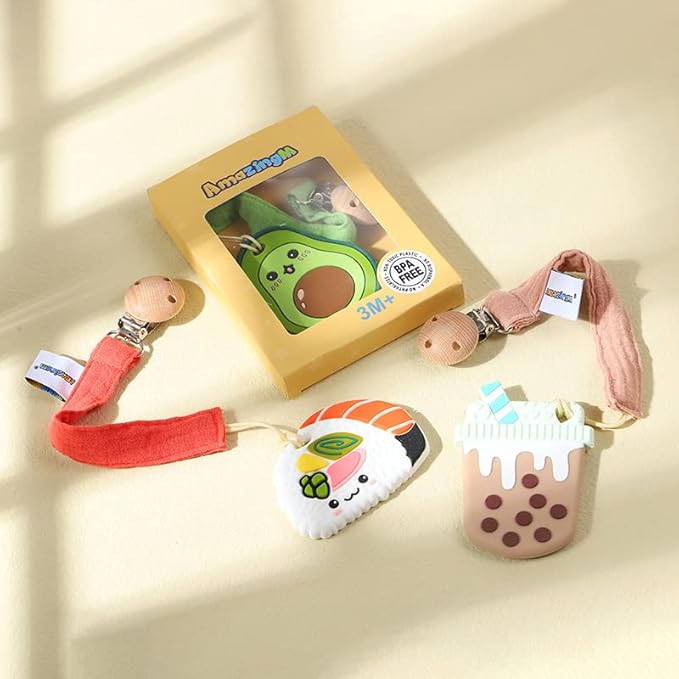 Baby Food Grade Silicone Teether Toy with Pacifier Clip Holder,Teething Pain Relief Toys Gift Set for 3 Months+ Boys and Girls,Freezer Safe,BPA Free (Raccoon)