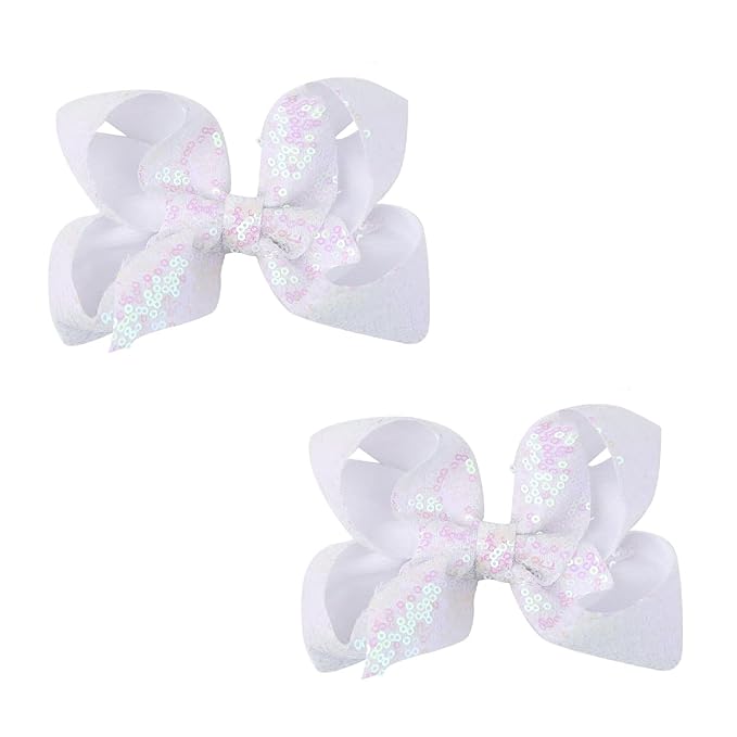 6 Inch White Sparkly Glitter Sequin Hair Bows for Girls Toddlers Kids Children Teenage (2PCS)