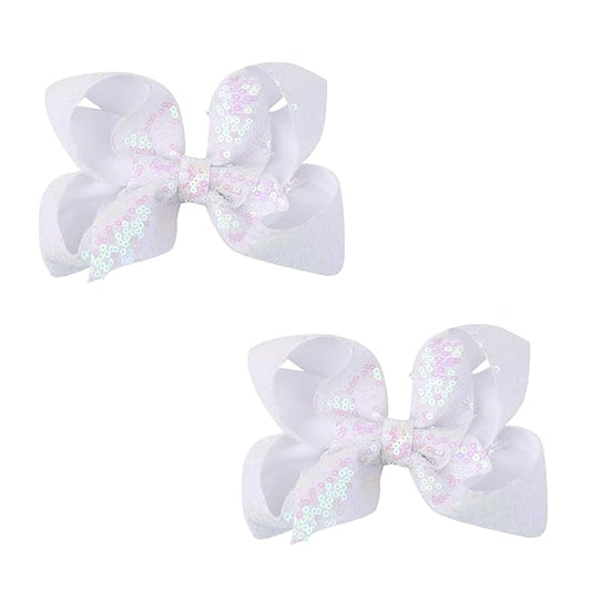 6 Inch White Sparkly Glitter Sequin Hair Bows for Girls Toddlers Kids Children Teenage (2PCS)