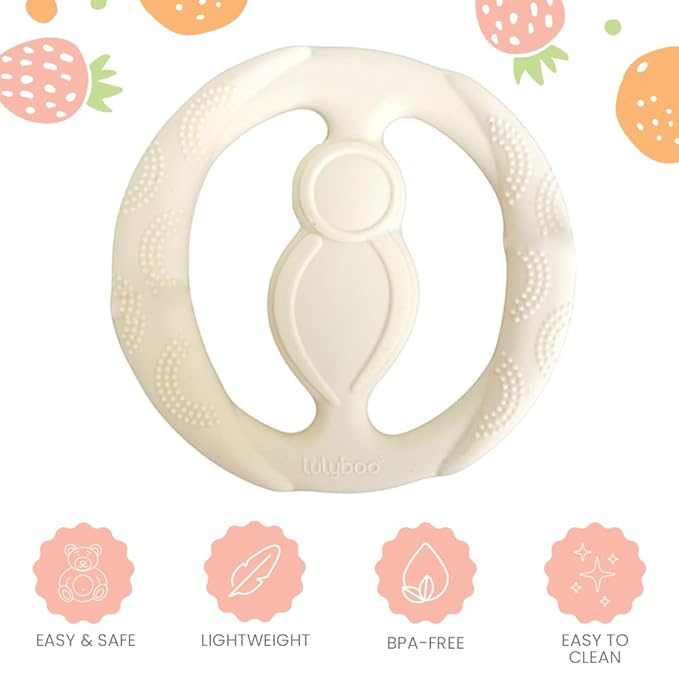 Lulyboo Silicone Baby Teething Ring, Soft and Durable Easy Grip Teether, Soothing for Gums, 0-12 Months, Ivory