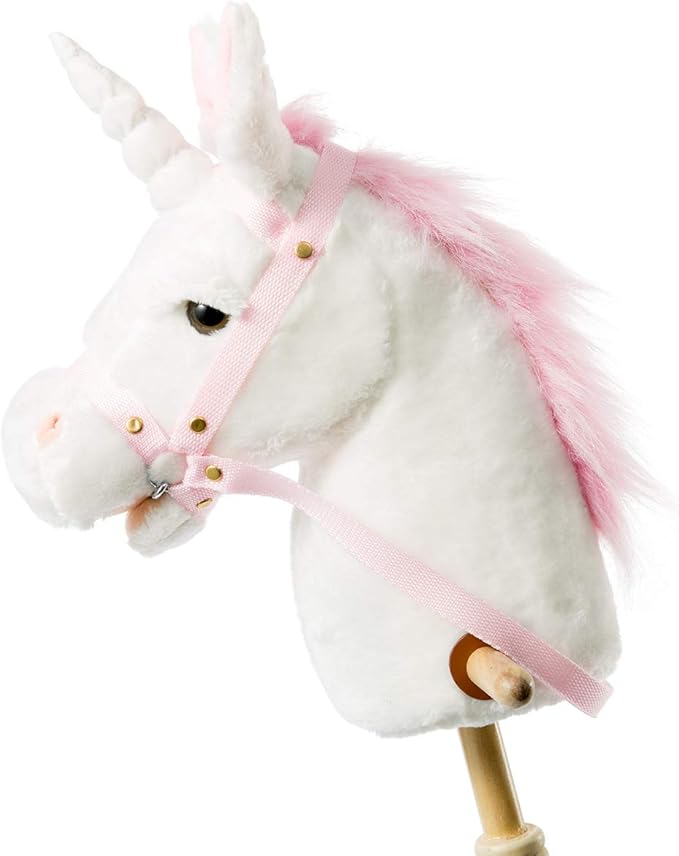 HollyHOME Plush Unicorn Stick Horse with Wood Wheels Real Pony Neighing and Galloping Sounds Plush Toy White 37 Inches(AA Batteries Required)