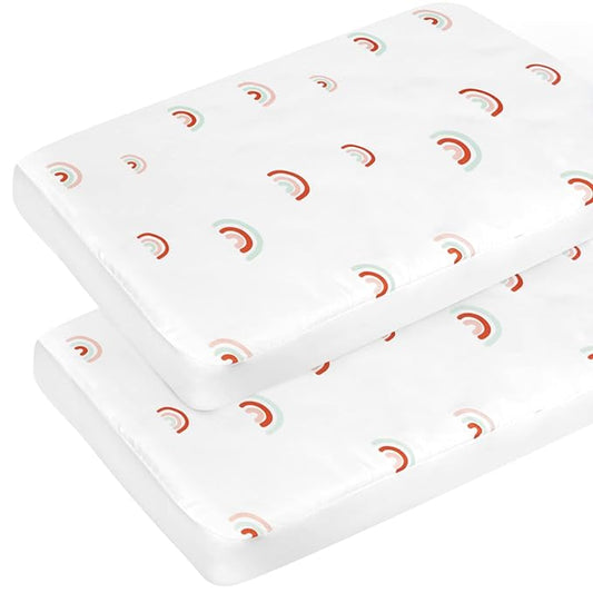 Pack and Play Sheets Boy Girl, 2 Pack Portable Playard Sheet Fits for Graco Pack N Play, Snug Fit Breathable Soft Fitted Playpen Sheet, Mini Crib Sheets, Rainbow