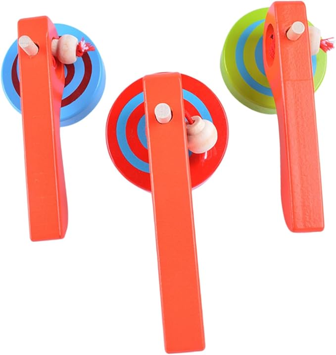 3pcs Wooden Gyroscope with Handle and Pull String for Lightweight Spinning Tops for Fine Motor Skill Development and Coordination Random Color