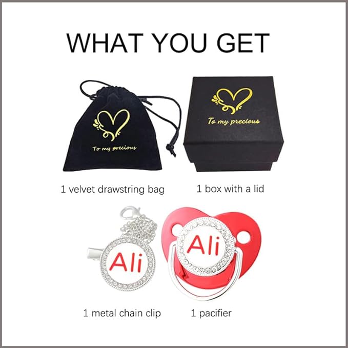 Personalized Name Bling Baby Pacifier with Luxury Gift Box Package, Customized Letters BPA Free Pacifier for Newborn M(6-18m) (Metalic Red)