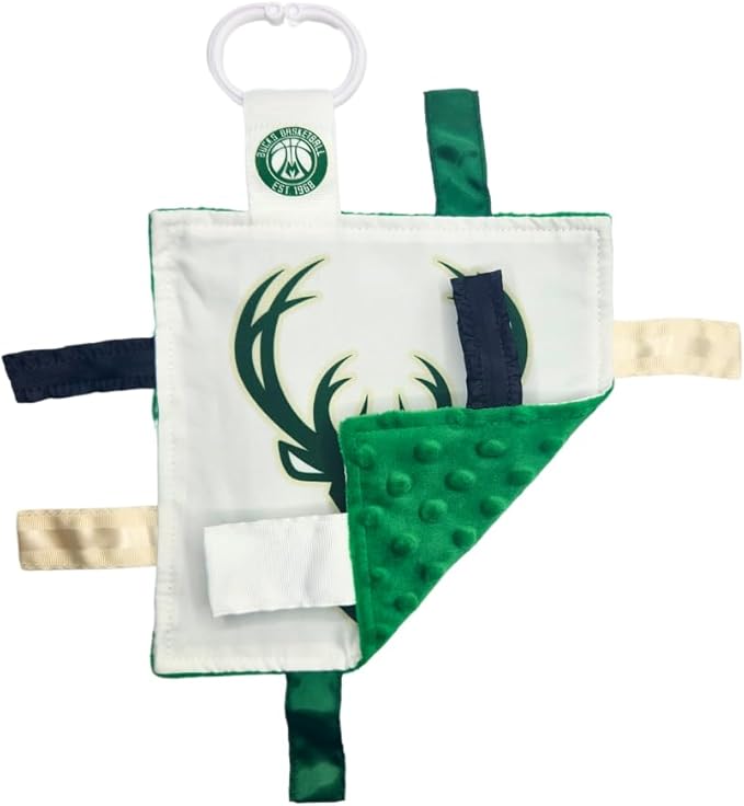 The Learning Lovey Milwaukee Bucks Baby 8x8” Tag Toy - NBA Basketball - Baby Sensory Crinkle Toys - Soft & Safe - Ideal Baby Stroller Toy - BPA Free w/Stroller Clip (8" x 8" Tag Toy)