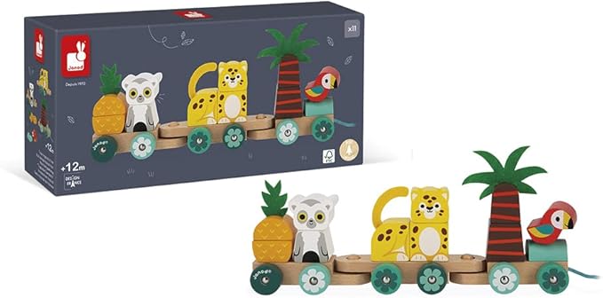 Janod - Tropik Tropical Pull-Along Train - 11 Pieces and 3 Cars - Ages 1 Year + J08272
