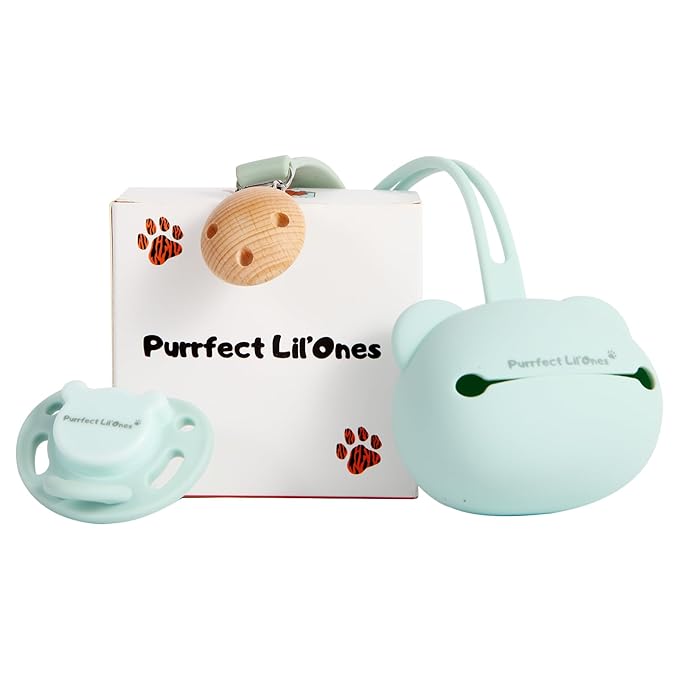Purrfect Lil’Ones Silicone Baby Pacifier with Accesories | Clip & Case | Non-Toxic, Safe for Teething Babies | Keep it Clean | Light, Strong Grip, Easy to Clean, Travel-Friendly Storage, Shower Gift