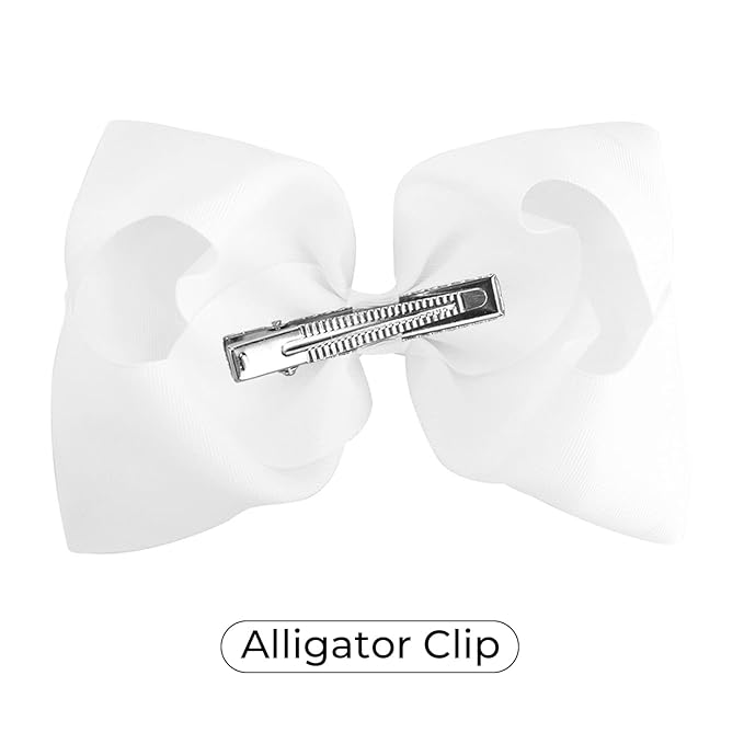 DEEKA 2 PCS 8" Big Hair Bows Hand-made Grosgrain Ribbon Solid Color Large Bows Alligator Clips Hair Accessories for Girls Set of 2 -White