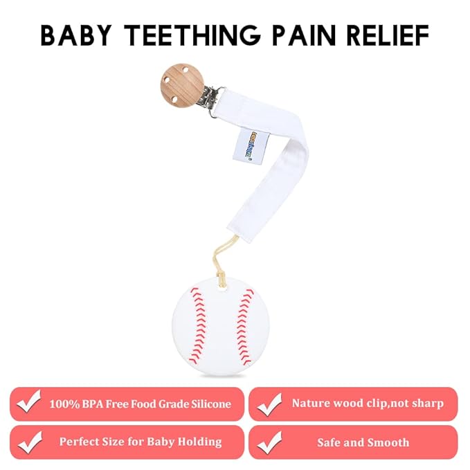 Baby Food Grade Silicone Sports Shape Teether Toy with Pacifier Clip Holder,Teething Pain Relief Toys Gift Set for 3 Months+ Boys and Girls,Freezer Safe,BPA Free (Baseball)