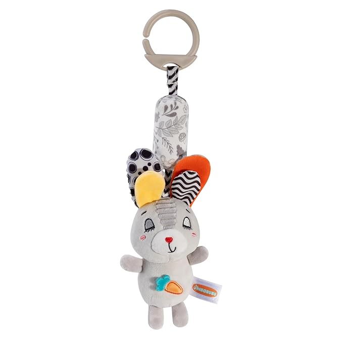 Grey Bunny Hanging Rattle Toy for Babies 0-12 Months, Soft Plush Hanging Stroller & Car Seat Toy with Gentle Bell & Squeaker, Sensory Crib Toy for Newborn Infant Development