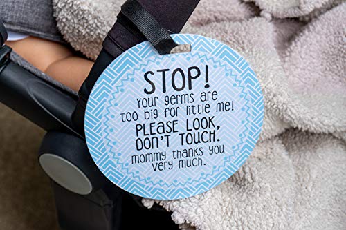 (Three Little Tots) No Touching baby Car Seat and Stroller TWO PACK- Baby Safety No Touching Car Seat Sign, Stroller Sign, Newborn Car Seat Tag- CPSIA Safety Tested (Blue Mommy/Woodlands)