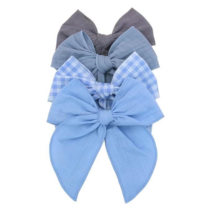 Pack of 4 Gorgeous Fable Bow Hair Clips for Girls Women Linen Hair Bow Alligator Clips Toddler Baby Mom Young Girl Hair Accessories (Blue Sky)