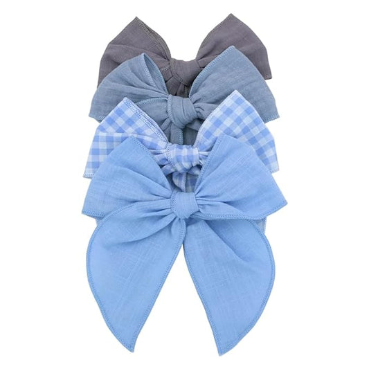 Pack of 4 Gorgeous Fable Bow Hair Clips for Girls Women Linen Hair Bow Alligator Clips Toddler Baby Mom Young Girl Hair Accessories (Blue Sky)