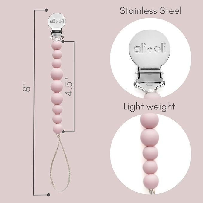 Ali+Oli Silicone Pacifier Clip for Baby (Pink) 100% Food-Grade BPA Free Newborn Pacifier Holder Infant Binky Clip for Baby Boy or Girl