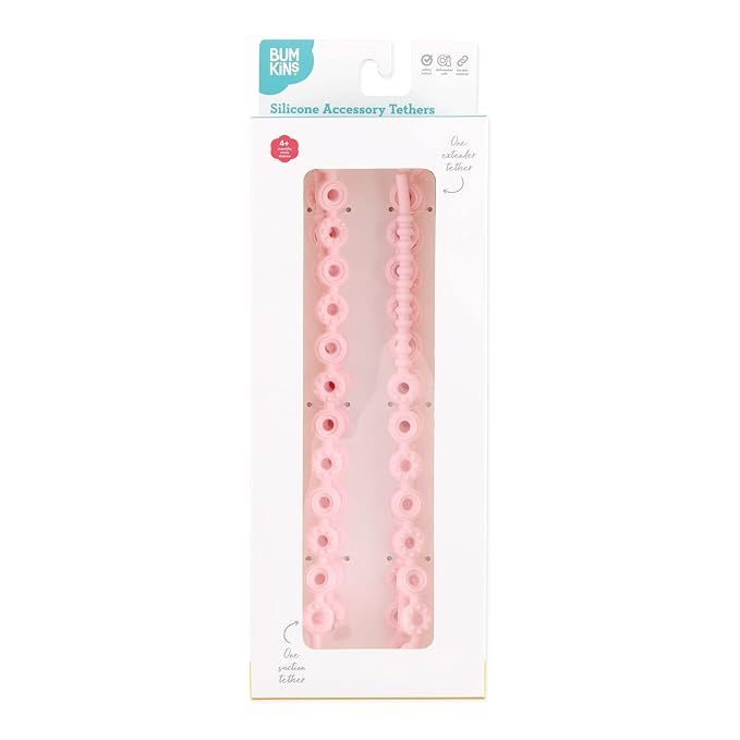 Bumkins Pacifier Clip Feeding Supplies for Baby Girl or Boy, Toy Straps for Sippy Cup, Teether, Stroller Accessories, Platinum Silicone Accessory Tether Leash, Safe for Teething Babies, Pink