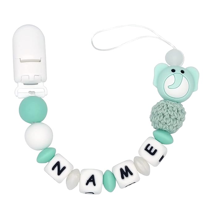 Personalized Pacifier Clip with Name Customized - Elephant (GreenW)