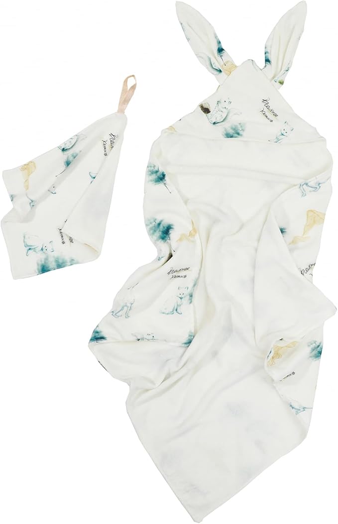 Baby Hooded Towel Set：28"x28" Inch Bamboo Viscose & Cotton Muslin,Ultra Soft Bunny Ear Hood with Cat,Squirrel and Dog Print - Absorbent Bath/Swim Towel for Newborn Toddler (Cat and Dog)