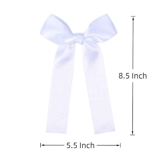 2-Pack Long Satin Ribbon Hair Bows for Girls – Elegant Silk Hair Clips for Toddlers, Infants, Teens & Kids - White