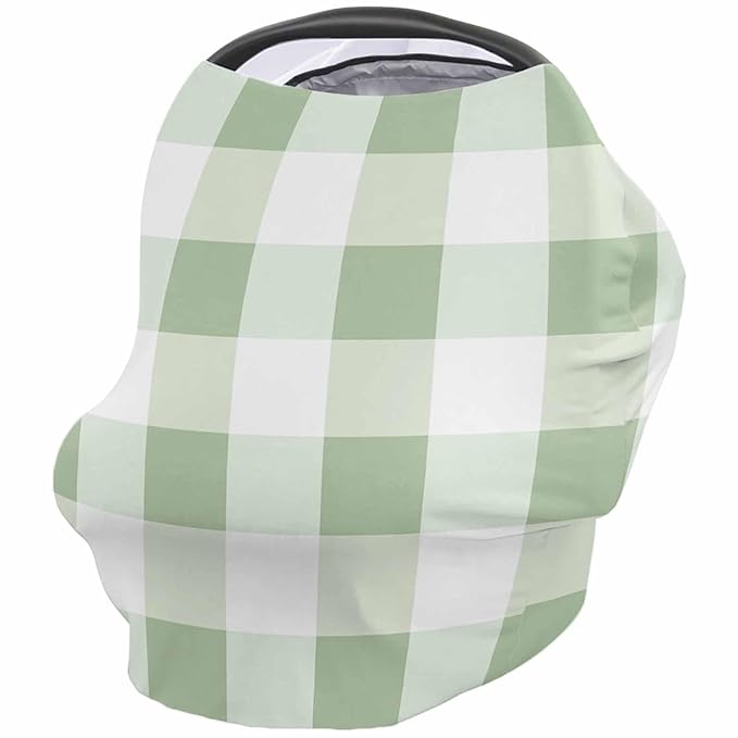Sage Green Plaid Car Seat Covers for Babies, Modern Geometric Checkered Lattice Nursing Breastfeeding Covers Stretchy Breathable Baby Carseat Canopy Cover for Girls and Boys Shower Gifts