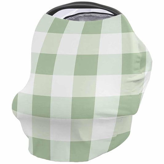Sage Green Plaid Car Seat Covers for Babies, Modern Geometric Checkered Lattice Nursing Breastfeeding Covers Stretchy Breathable Baby Carseat Canopy Cover for Girls and Boys Shower Gifts