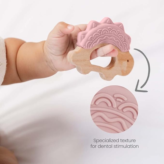 Baby Must Haves – Baby Teething Toys and Teether for Soothing Relief – Perfect for Teething Toys 3-6 Months and Shower Gifts – Soft, BPA-Free, Ergonomic Dinosaur Wood Design.
