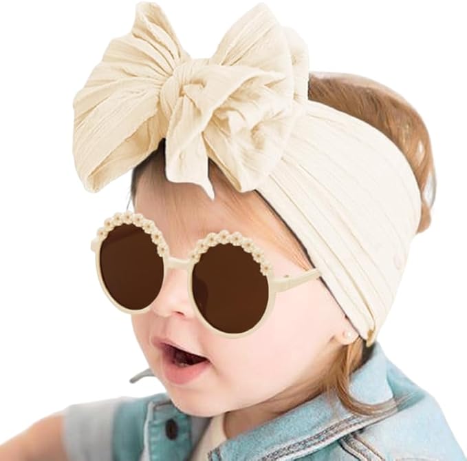 Baby Girls Soft Bows Headband and Daisy Flower Sunglasses Set Hair Bow Headwrap Hair Accessories for Toddler Infant