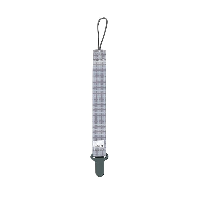 Nuby Pacifinder Baby Pacifier Clip - (2-Pack) - Pacifier Holder Clip with Convenient Hook Loop - Gray Plaid and Blue Stars