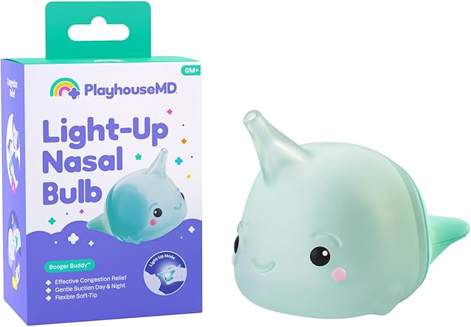 Playhouse MD Booger Buddy Nasal Aspirator Bulb, Narwhal - with LED Light for Babies & Toddlers – BPA-Free Snot Remover for Infant Stuffy Nose and Congestion Relief – Easy to Clean Design
