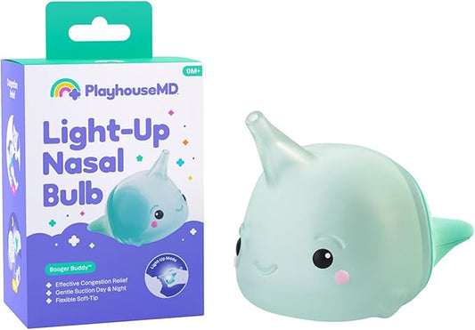 Playhouse MD Booger Buddy Nasal Aspirator Bulb, Narwhal - with LED Light for Babies & Toddlers – BPA-Free Snot Remover for Infant Stuffy Nose and Congestion Relief – Easy to Clean Design