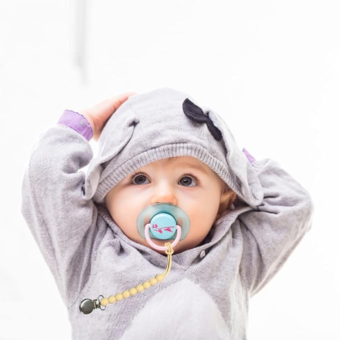 Pacifier Clip for Boys Girls - MORIBOX 4 Pack Paci Clip Soothie Baby Binky Holder for Shower Gift Birthday (Beige+White+Dgrey+Lgrey)