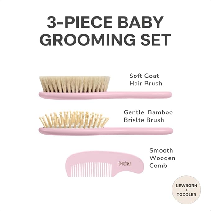 Baby Hair Brush Set for Newborns - Baby Brush and Comb Set - Ultra Soft Goat Hair Bristles, Perfect for Cradle Cap, Newborn Showers & Registries Gift, Comb Brush for Girls & Boys (Rosa)