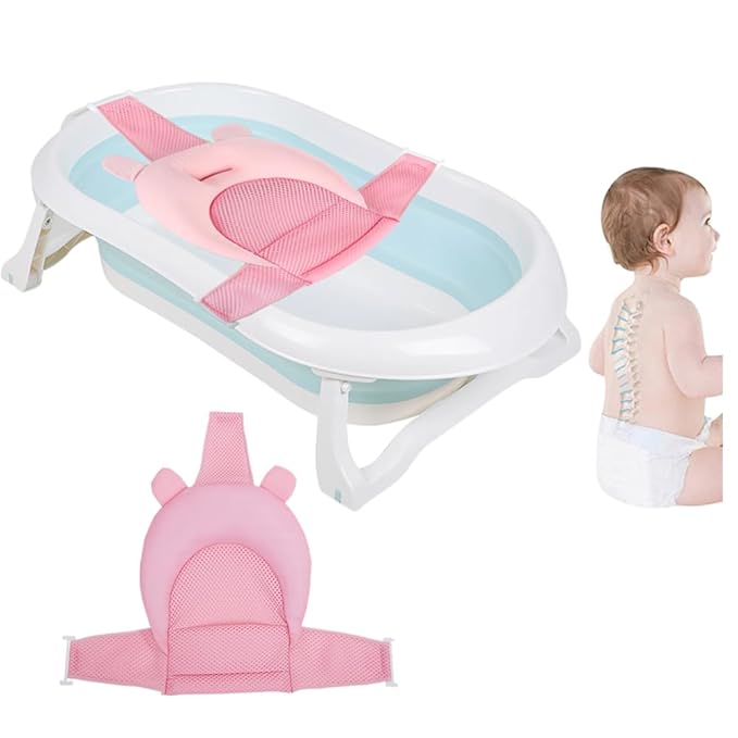 Baby Flotation Bath Cushion Infant Bath Seat Support Net Newborn Bathtub Mesh Pad with Pillow Baby Shower Lie Seat Toddler Bathing Shower Breathable Mat for 0-24 Months