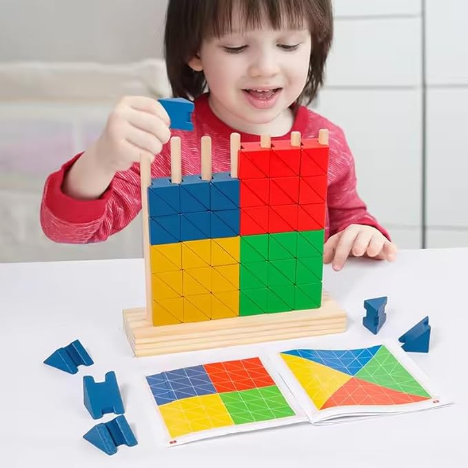 Montessori Wooden Stacking Toy for Kids - Toddler & Preschool STEM Learning Creative Brain Teaser Educational Logic Game - Puzzle Colorful Triangle Blocks