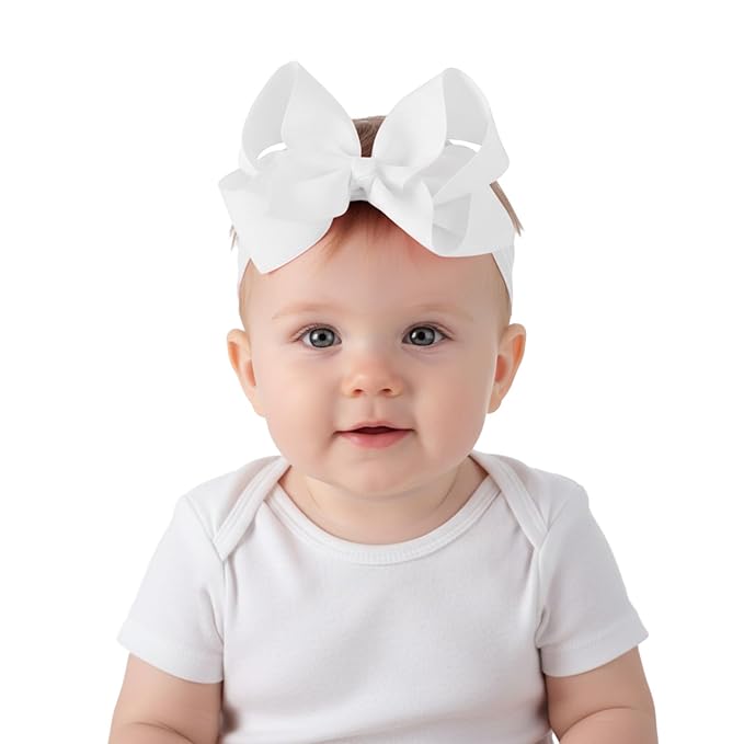 Tucnoeu 3pcs Baby Girl Headbands with Bows - Soft Stretchy Newborn Bows for Girls, Infant Toddler Hair Accessories White/Pink/Frosty White