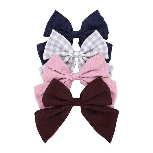 4 PCS Sailor Bow Hair Clips for Kids Girls Women Linen cotton Hair Bow Alligator Clips Baby Toddler Girl Mom Hair Accessories (Mauve/Wine)