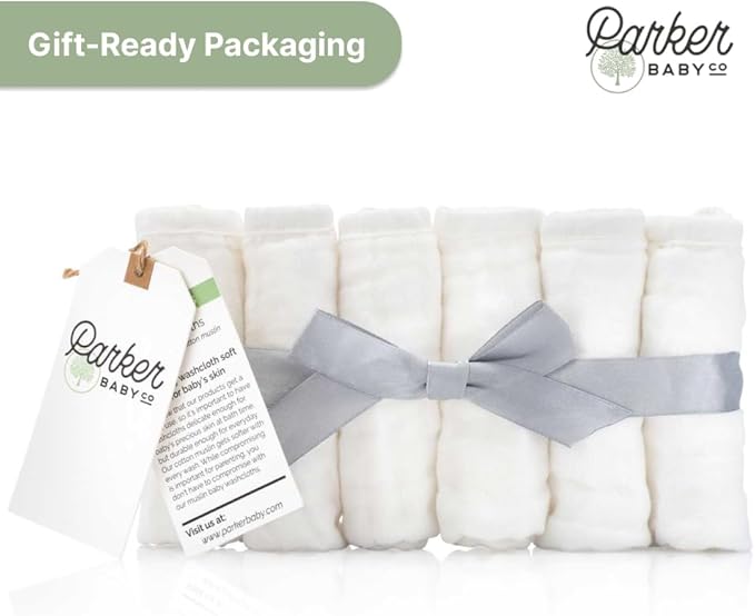 Parker Baby Washcloths - 6 Pack of 100% Cotton Muslin Wash Cloths - Soft, Absorbent and Natural - White