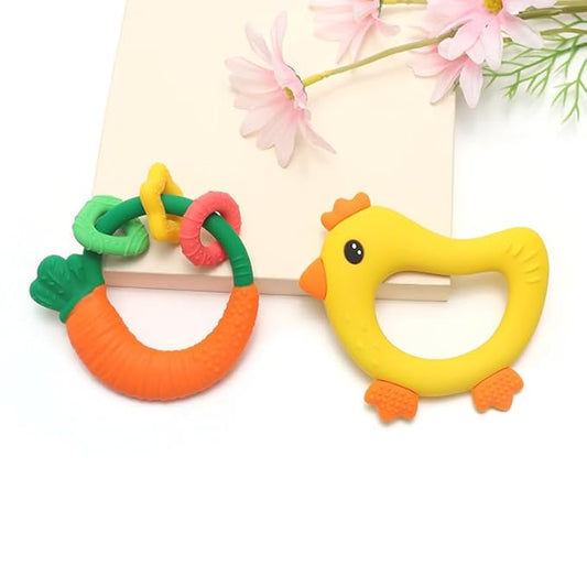 Baby Teether with Easy-Hold Handle, Silicone, BPA-Free, Soothe Sore Gums, Textured for Sensory Development, Teethable Surfaces - Baby Teething Toy for 3 Months & Up (Carrot and Chicken)