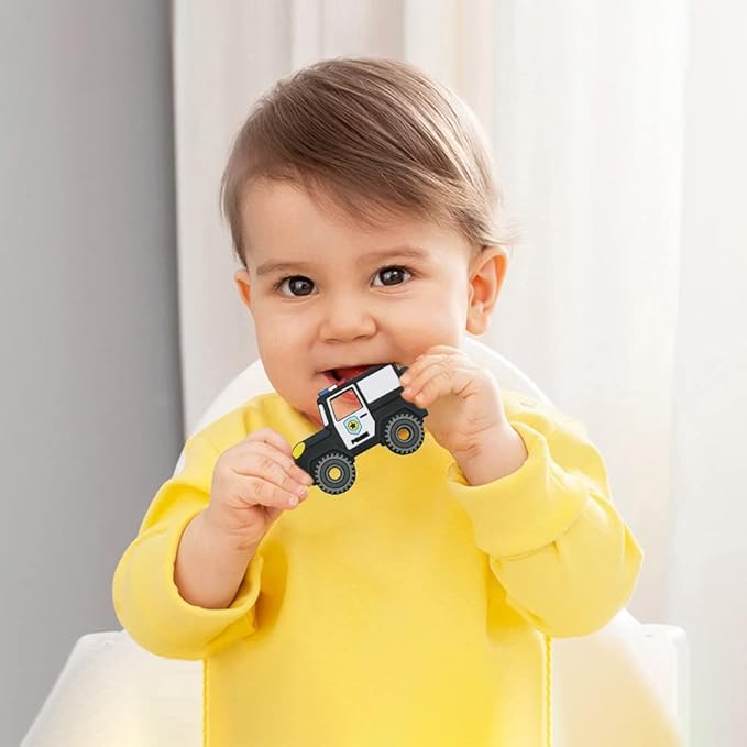 Car Series Baby Teething Toys,Food Grade Silicone Chew Teether for 3 Months+ Infant Boy and Girl,Toddler Sensory Chewing Teether,BPA Free. (Police Car, Black)
